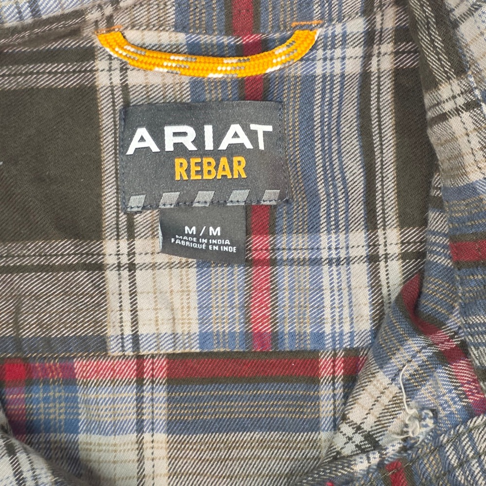 Ariat Rebar Mens Medium Plaid Flannel Work Shirt Olive Red Blue Button Down - Picture 4 of 10